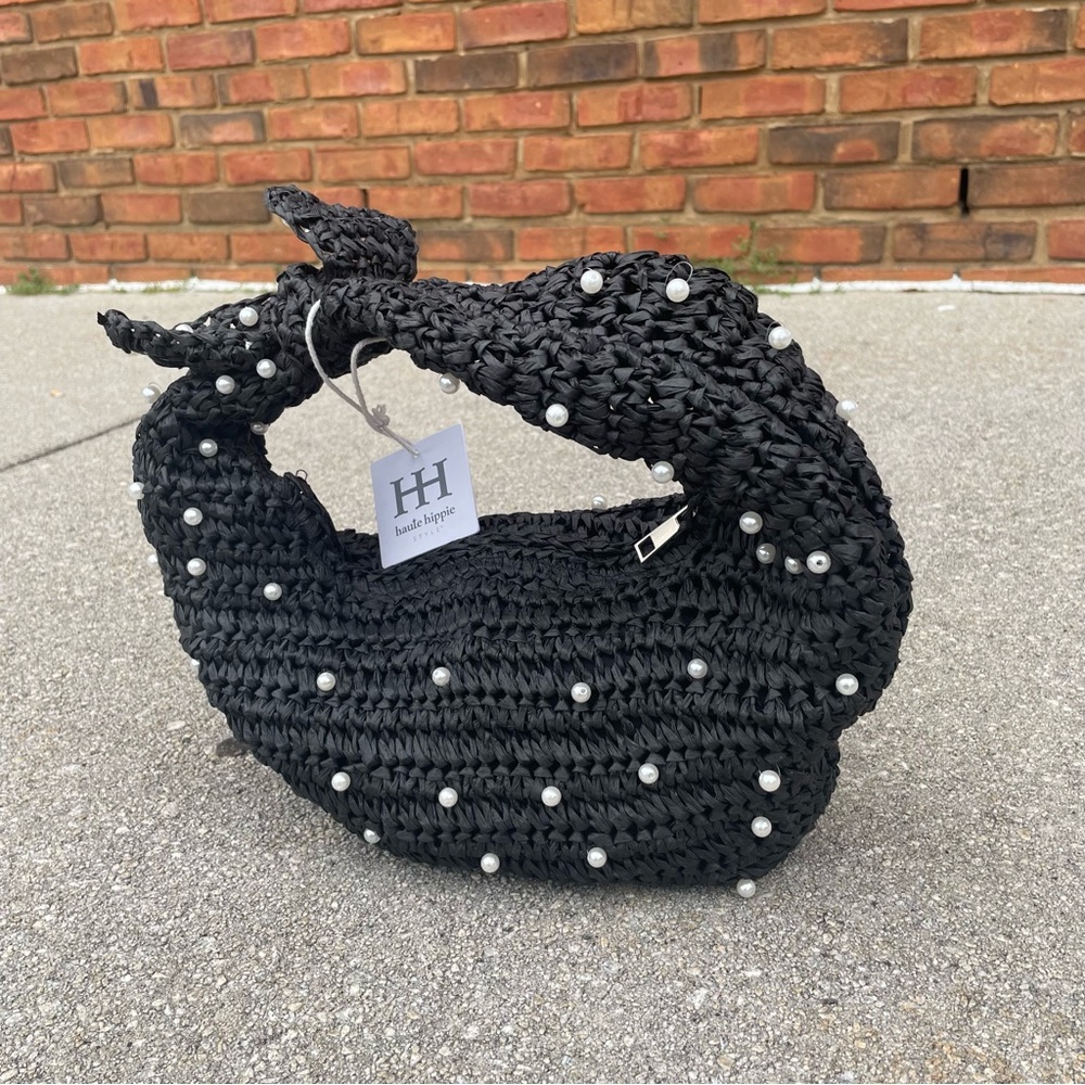 NWT Handwoven Black Pearl-Embellished Hobo Bag Purse